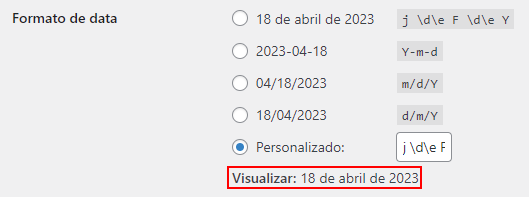 visualização do formato de data e hora no wordpress