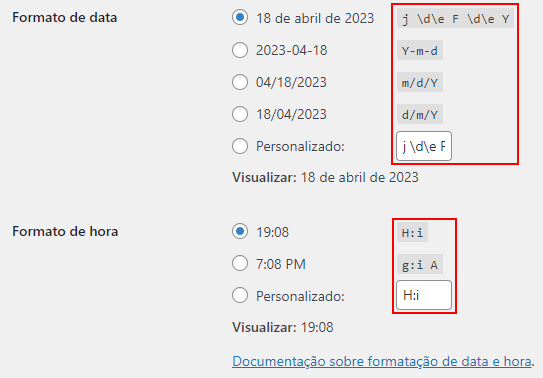 strings de formato de data e hora destacadas no menu de configurações gerais do wordpress