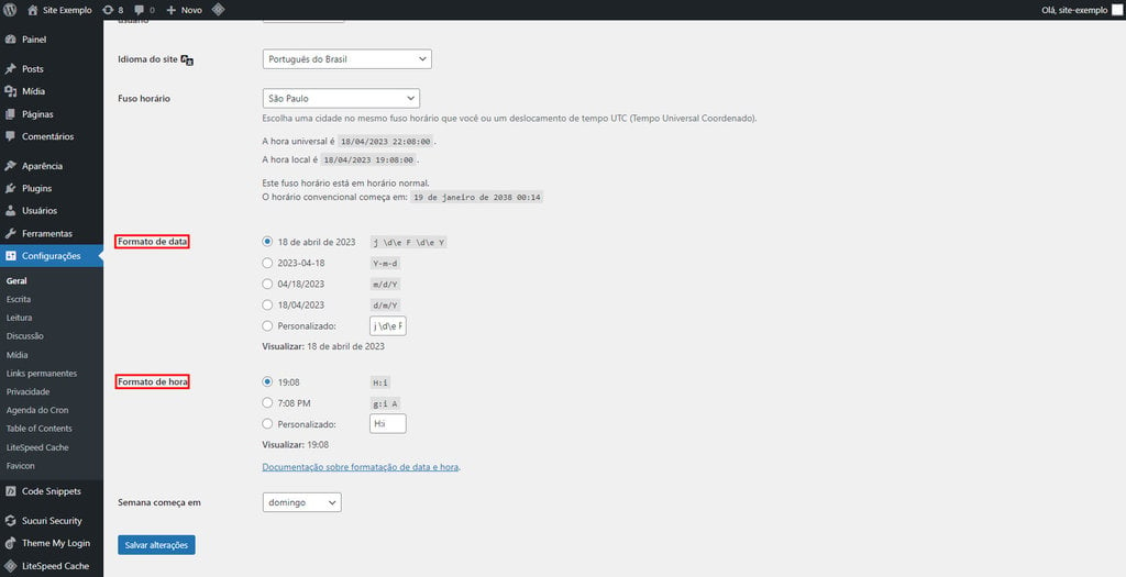 formatos de data e hora do wordpress com as expressões "formato da data" e "formato da hora" em destaque