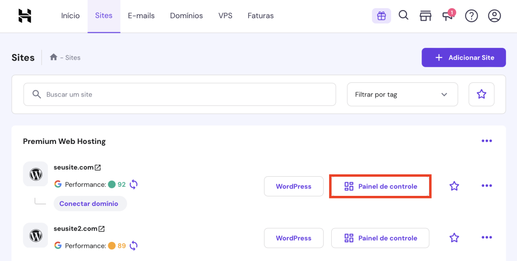 botão painel de controle na aba sites do hpanel