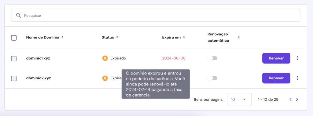 aviso de domínio expirado e em período de carência do hpanel