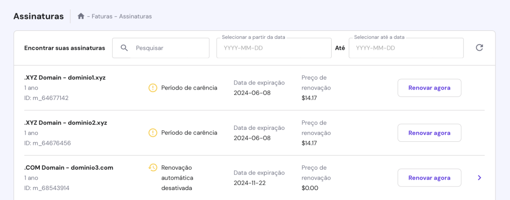 tela de renovar domínio no hpanel