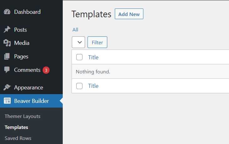 Adicionando novo template pelo menu do Beaver Builder no painel do WordPress