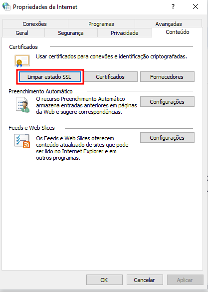 Botão “Limpar estado SSL” na janela Propriedades de Internet no Windows