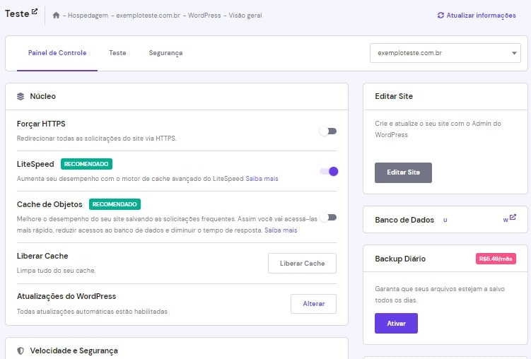 Painel de controle do WordPress no hPanel da Hostinger