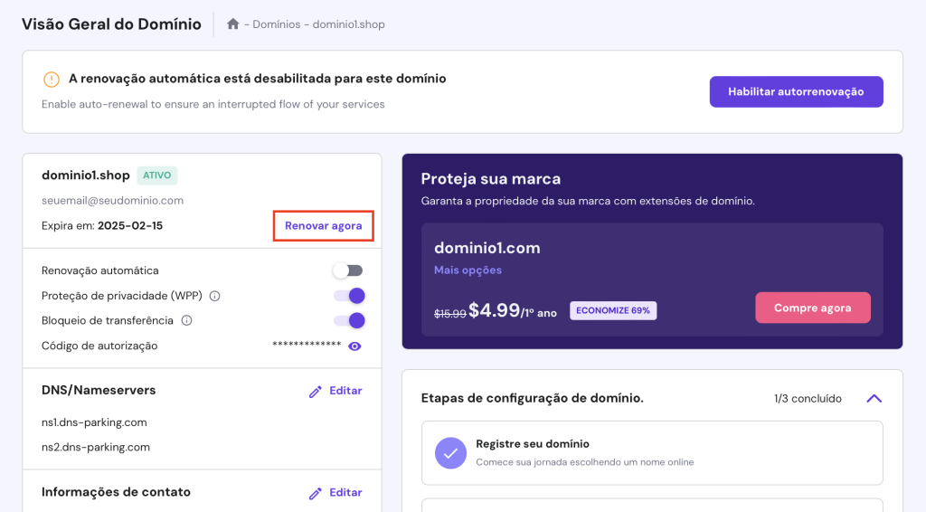 opção "renovar agora" no painel de domínio do hpanel