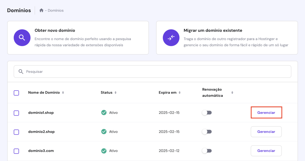 tela de renovar domínio no hpanel