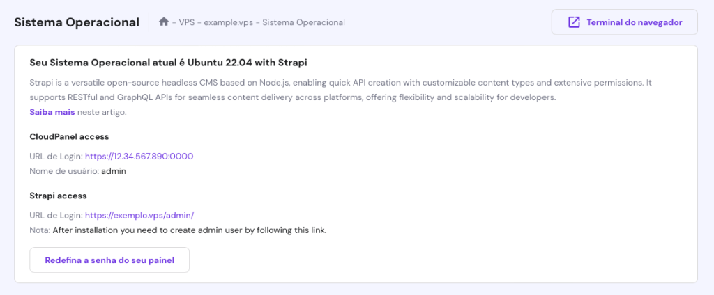 dados do strapi no painel de vps do hpanel