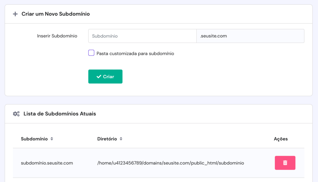 verificando subdomínio criado no hpanel