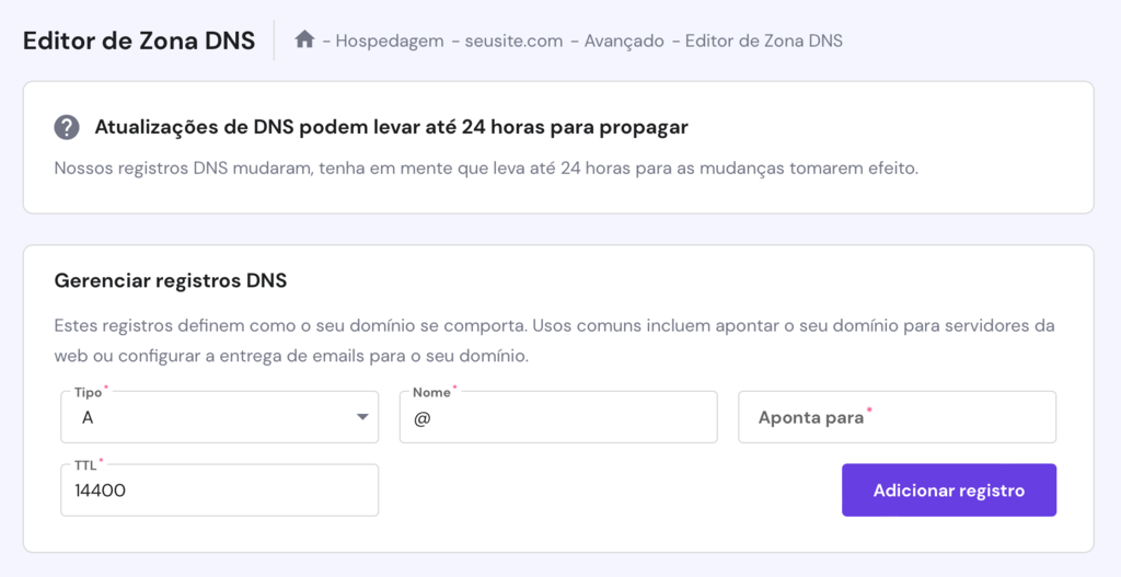 criando subdomínio pelo editor de zona DNS do hpanel