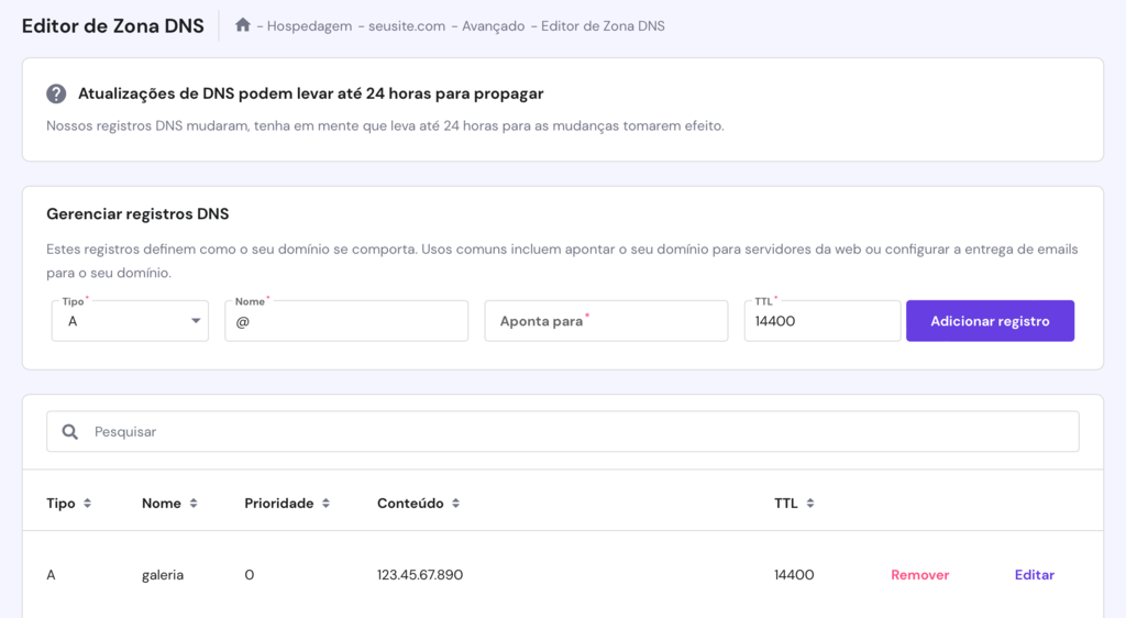 verificando subdomínio pelo editor de zona DNS do hpanel