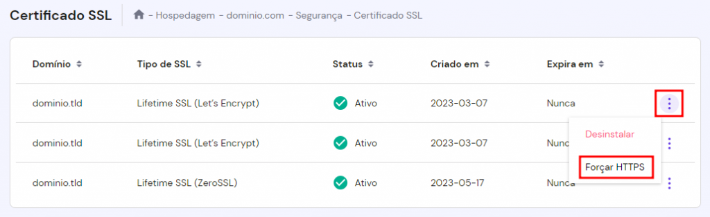 Botões no hPanel para forçar o HTTPS