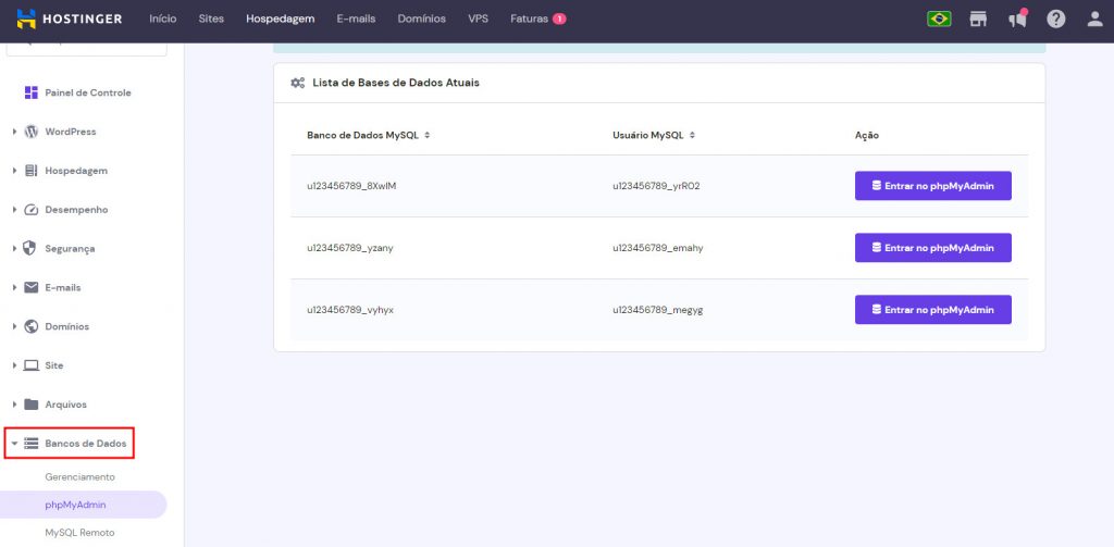 hpanel da hostinger com banco de dados em destaque e exibindo o phpmyadmin