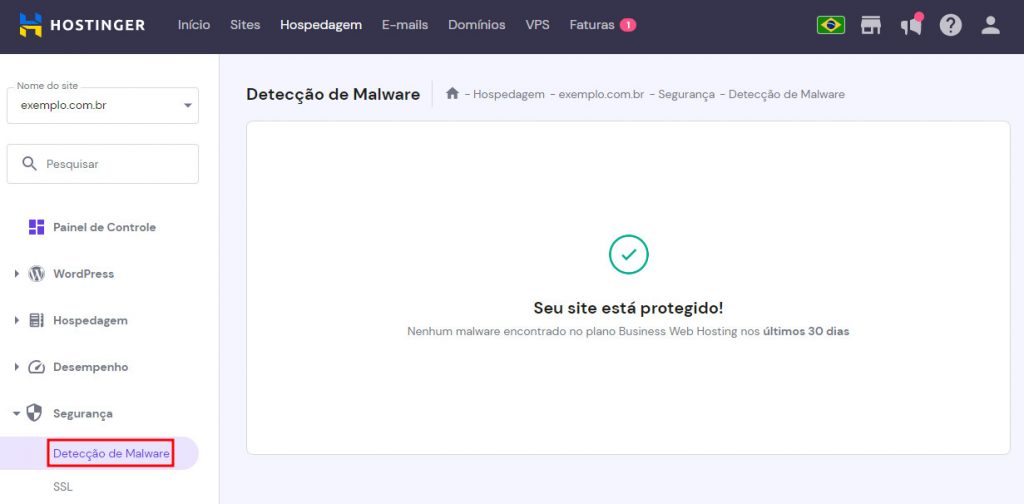 opção de detecção de malware no hpanel da hostinger