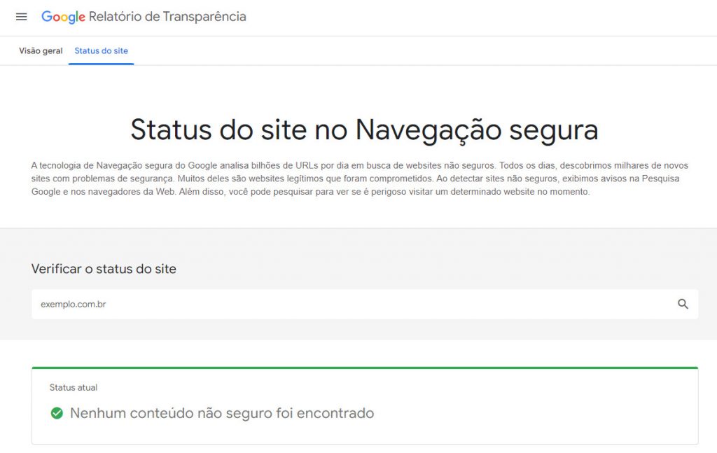 status do site no navegação segura do google