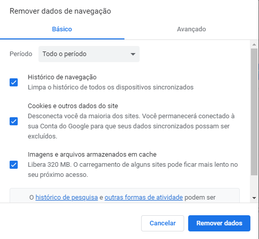 Ferramenta de limpeza de cache no Google Chrome