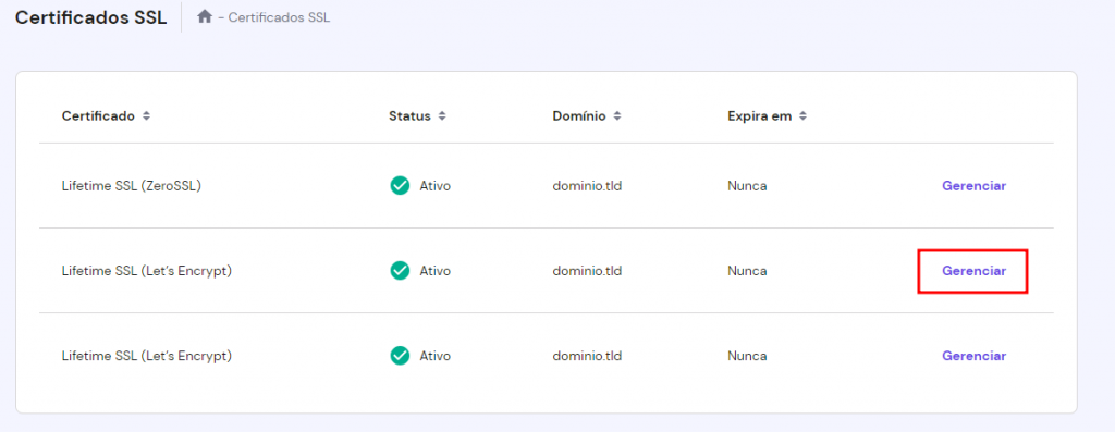 Botão para configurar um certificado SSL