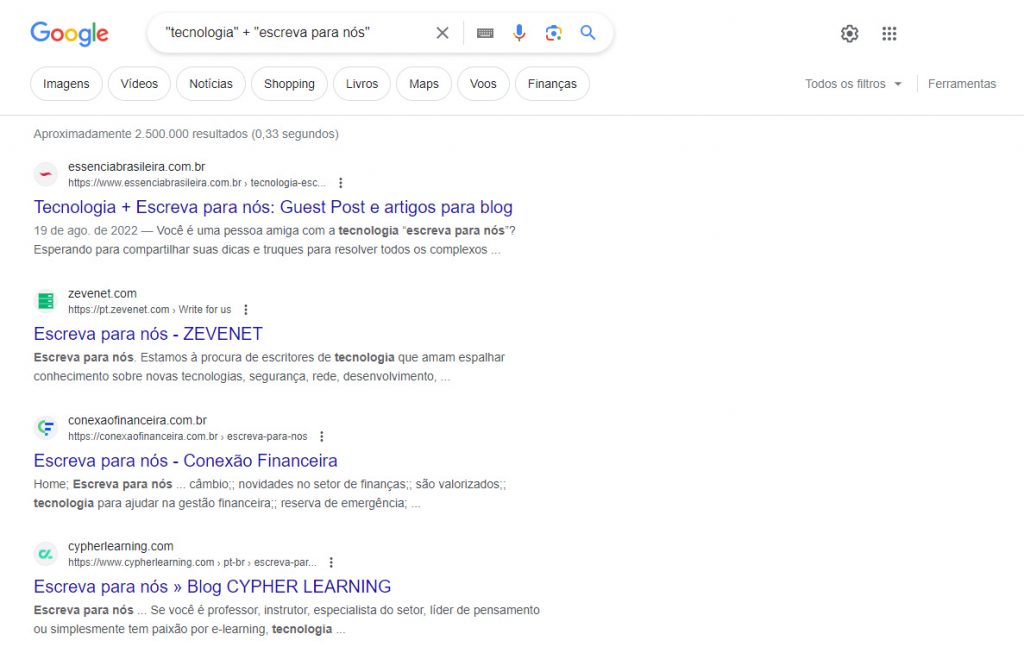 busca pelos termos tecnologia e escreva para nós no google