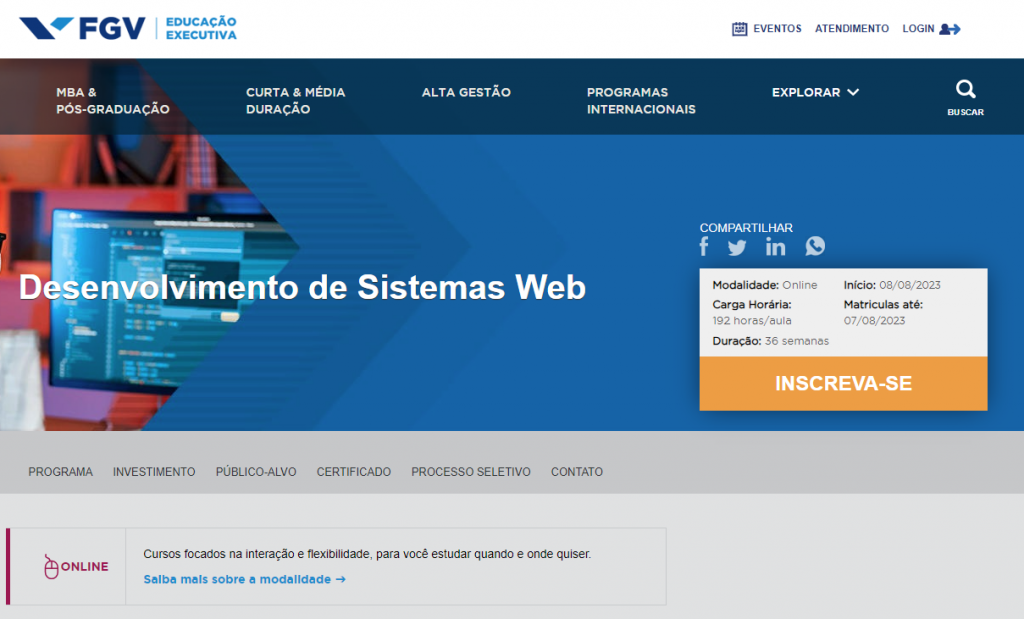 página do curso de programador Desenvolvimento de Sistemas Web da FGV