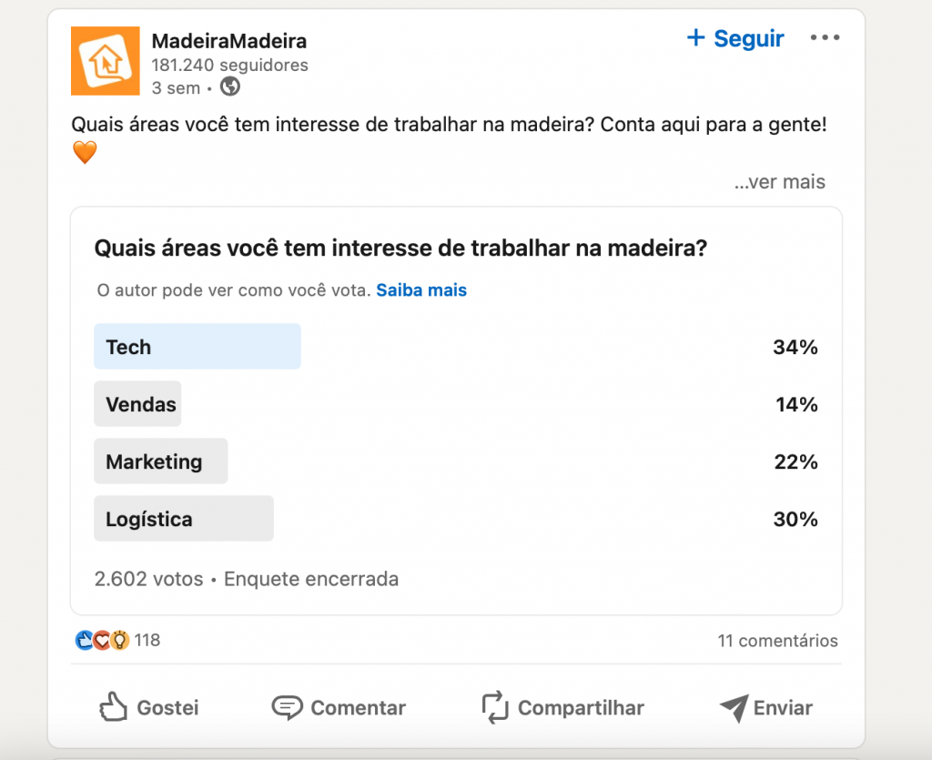 post da madeiramadeira no linkedin com enquete