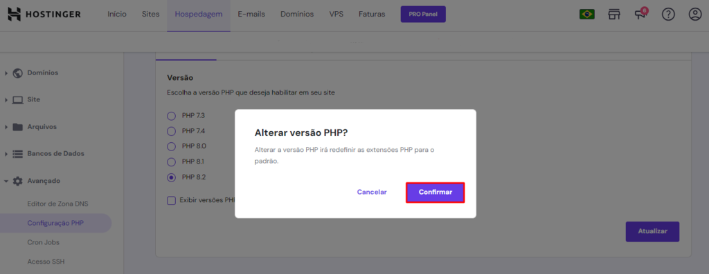 Janela pop-up de confirmação de alteração da versão PHP