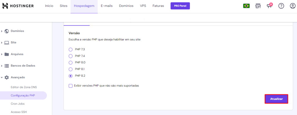 Aba de configuração do PHP no hPanel da Hostinger