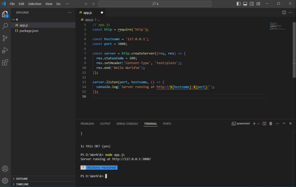 interface do vscode durante desenvolvimento de aplicação em node.js