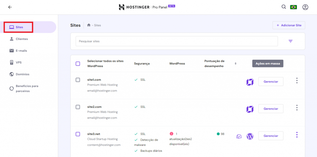 aba sites no pro panel da hostinger