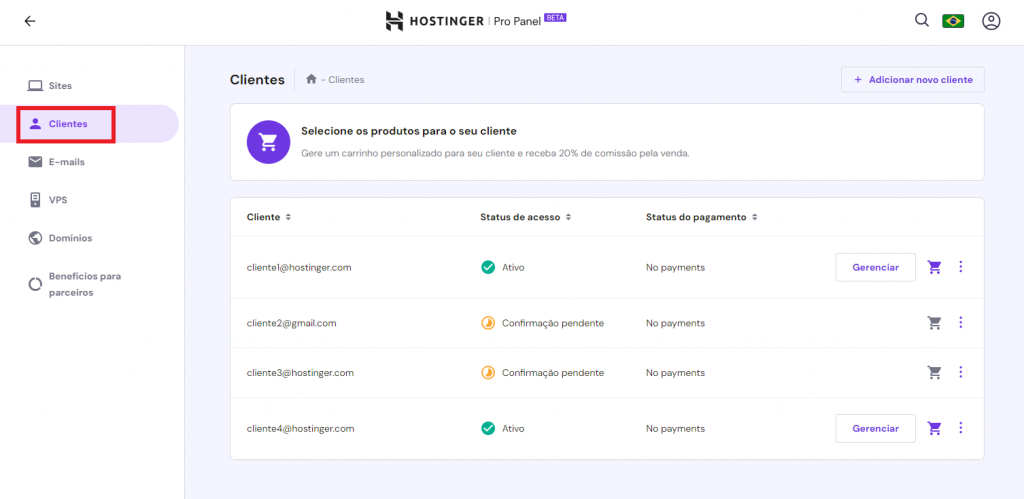 aba clientes no pro panel da hostinger