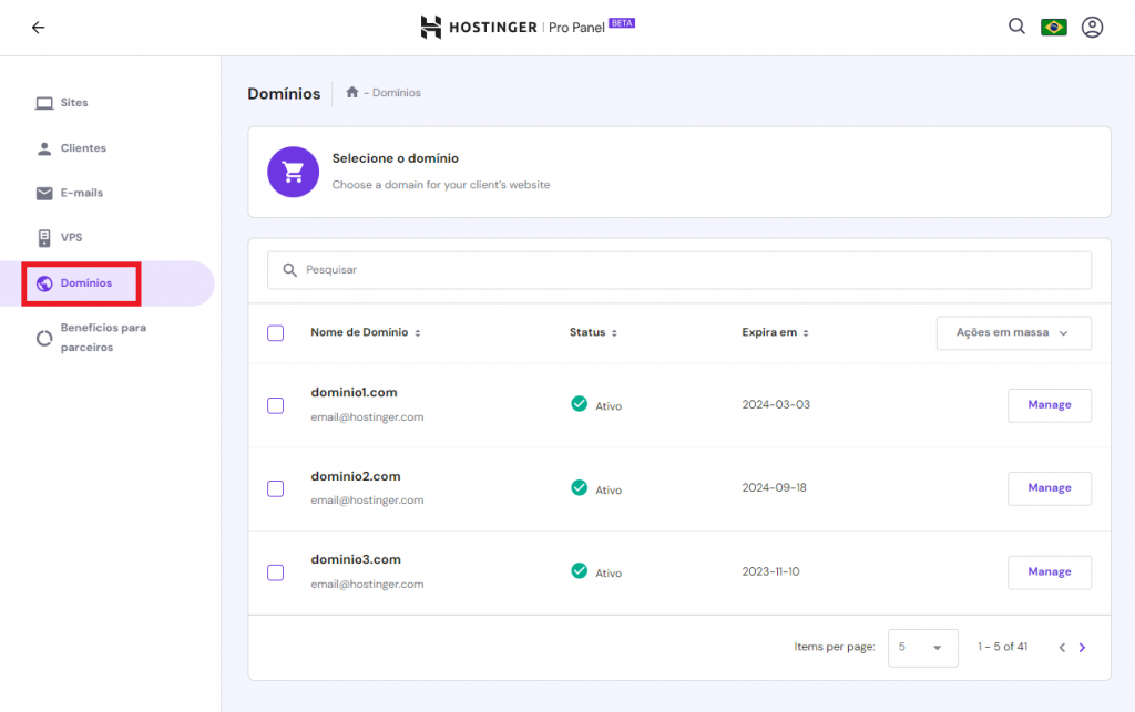 aba domínios no pro panel da hostinger