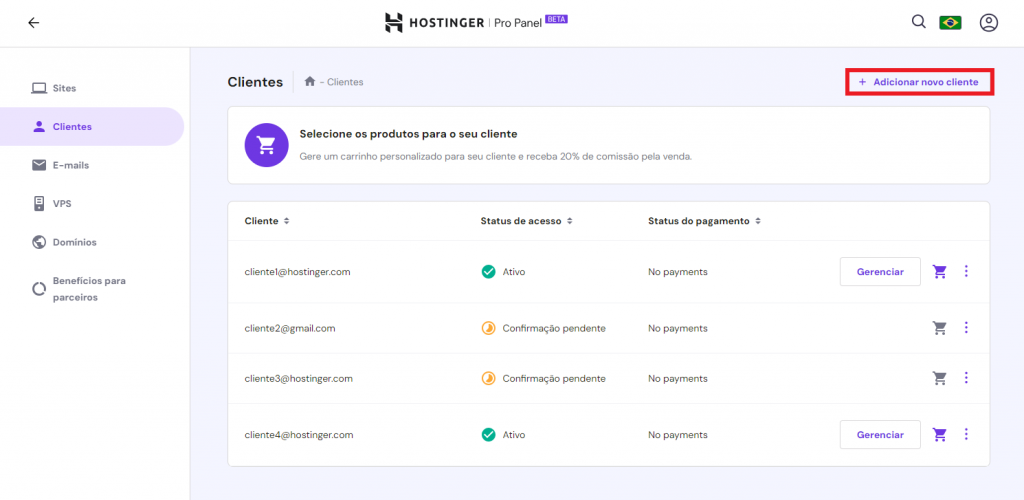 gerenciando clientes no pro panel