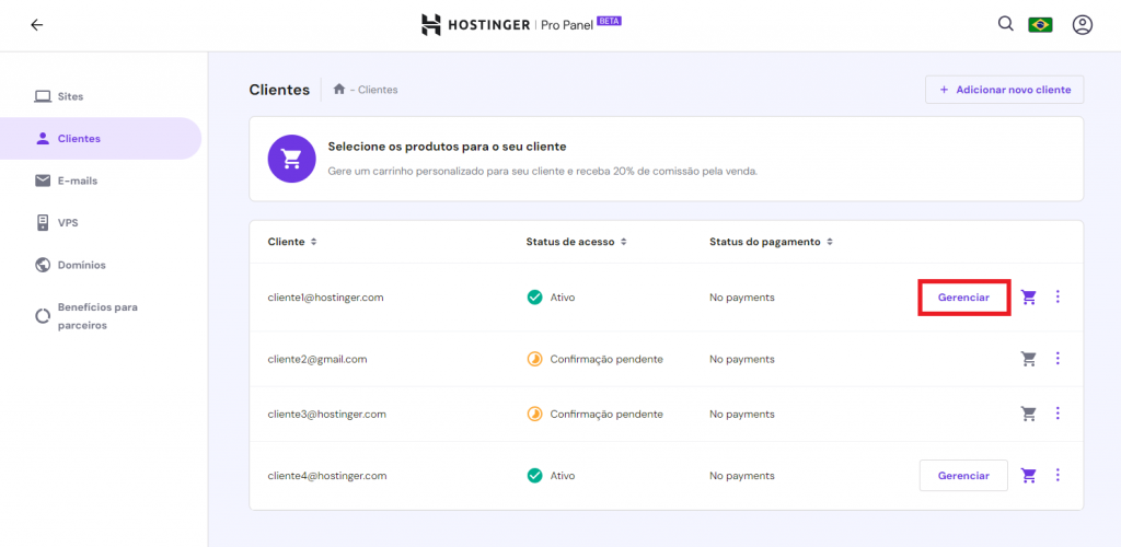 gerenciando clientes no pro panel