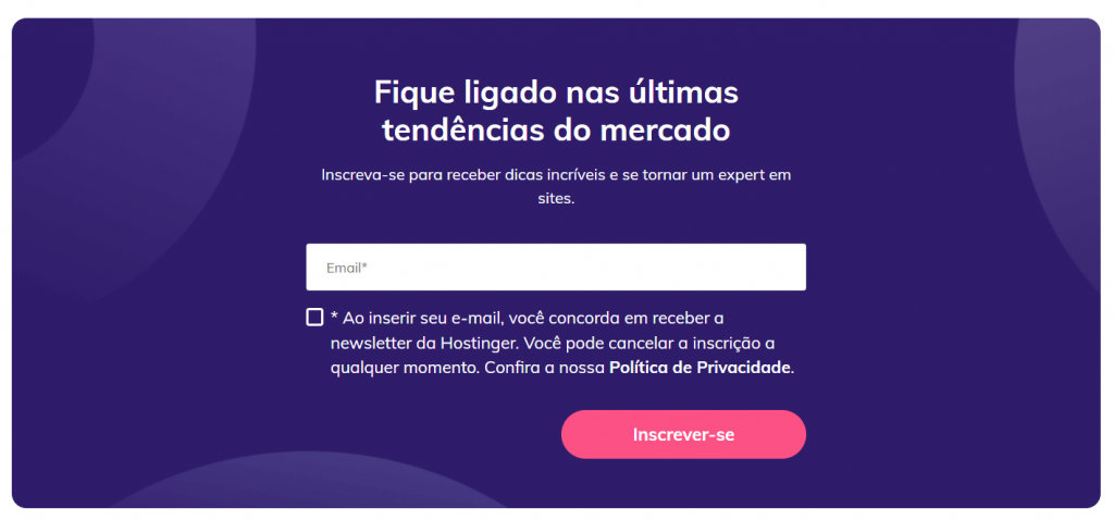 Formulário de inscrição da Hostinger, no qual os visitantes podem se inscrever com seu endereço de email.