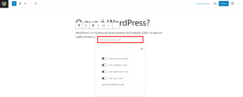 O campo URL no editor do Gutenberg