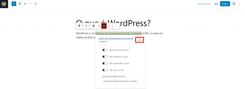 O botão Editar no editor do Gutenberg destacado