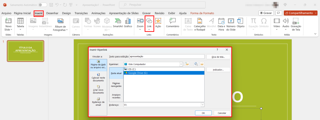 A caixa Inserir hiperlink no Microsoft PowerPoint foi destacada