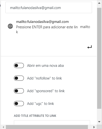 Um exemplo de um endereço mailto no editor Gutenberg