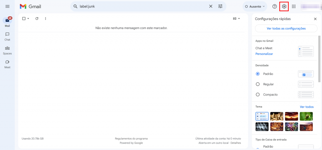 O ícone de engrenagem na caixa de entrada do Gmail destacado