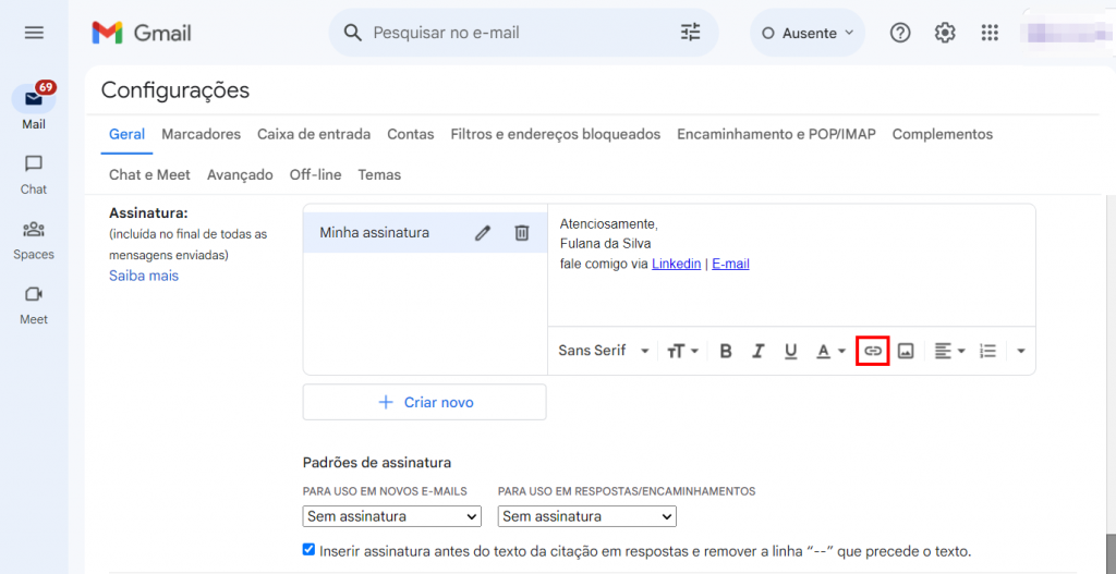 O ícone Link no editor de assinaturas do Gmail