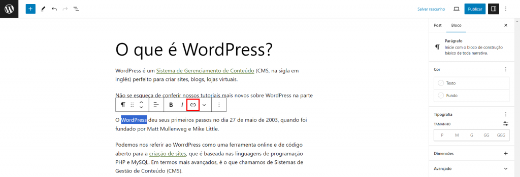 O ícone de ligação e a frase destacada no editor do Gutenberg