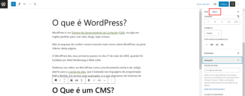 A guia Bloco no editor do WordPress destacou