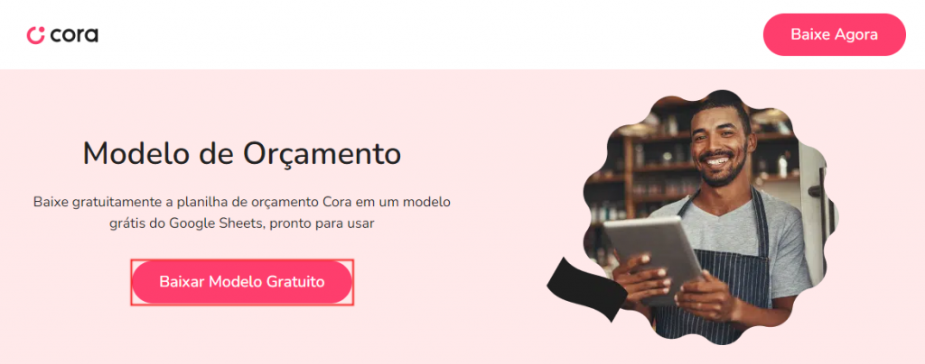 O botão Baixar modelo gratuito destacado na página do site do modelo de orçamento do Cora