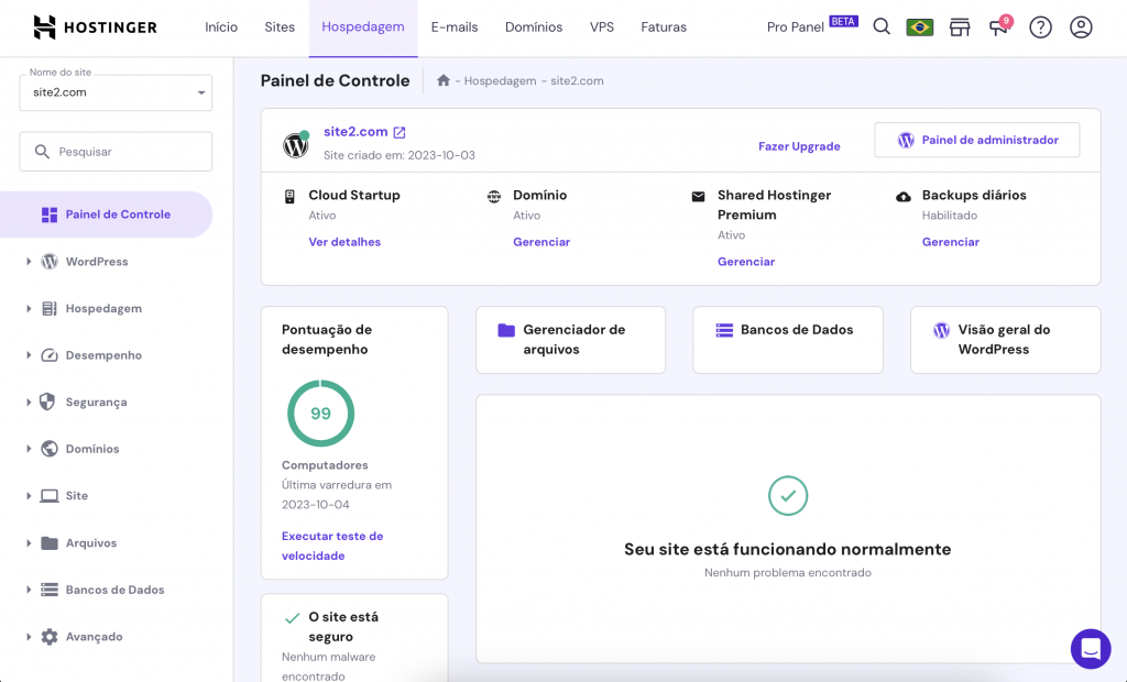 visão geral da hospedagem no hpanel