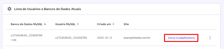 Destaque para o botão de Entrar no phpMyAdmin ao lado do banco de dados