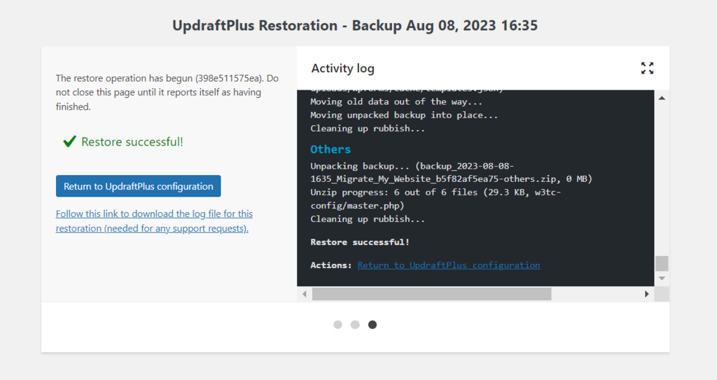 Mensagem do plugin UpdraftPlus sobre restauração concluída com sucesso