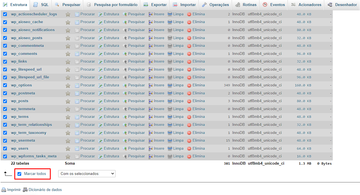 Seleção de todas as tabelas do banco de dados no phpmyadmin