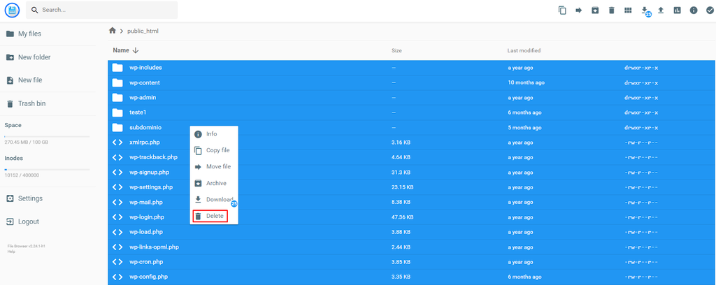 Deletando arquivos da pasta public_html