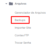 Selecionando o menu de backups na seção arquivos da barra lateral