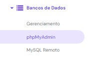 Menu phpmyadmin na seção de banco de dados do painel de hospedagem