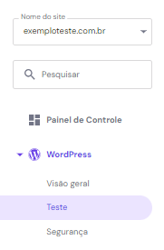 Menu de testes na seção WordPress do painel de hospedagem da Hostinger